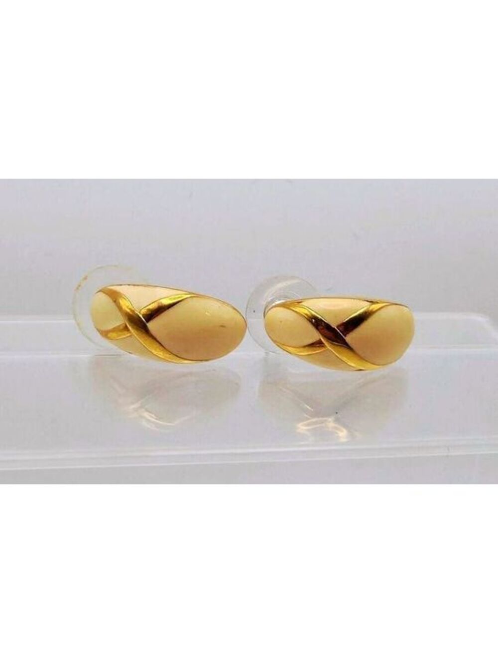 Vintage Gold Tone and Cream Enamel X-Design Stud Earrings